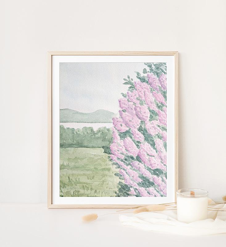 Lilac Bush Landscape Watercolor Art Print - Image 2