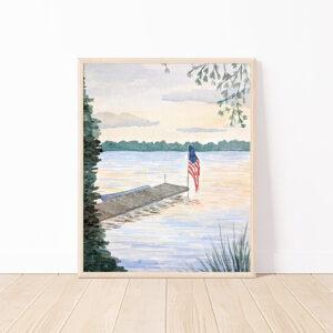 Sunset Lake With American Flag Watercolor Art Print
