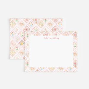 Pink Flower Tiles Watercolor Personalized Stationery Set