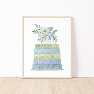 Blue And Green Book Stack And Flowers Watercolor Art Print