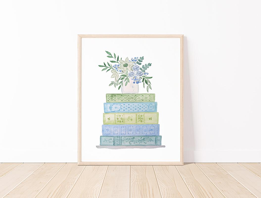 Blue And Green Book Stack And Flowers Watercolor Art Print