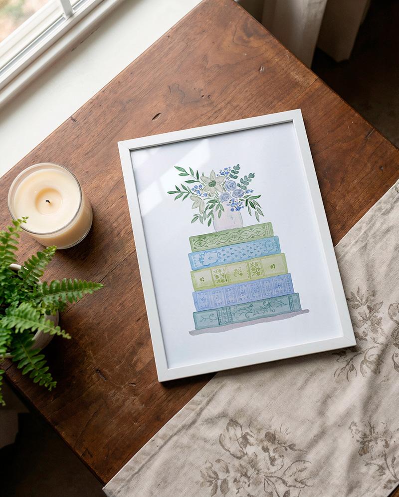 Blue And Green Book Stack And Flowers Watercolor Art Print - Image 2