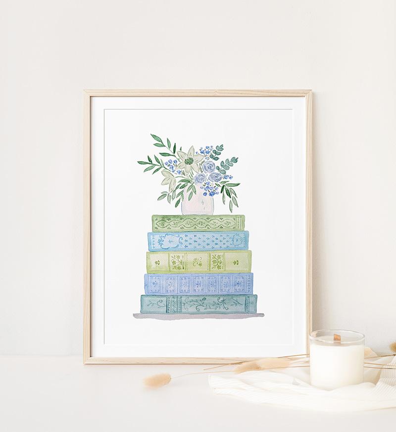 Blue And Green Book Stack And Flowers Watercolor Art Print - Image 3