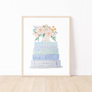 Blue And Peach Book Stack And Flowers Watercolor Art Print