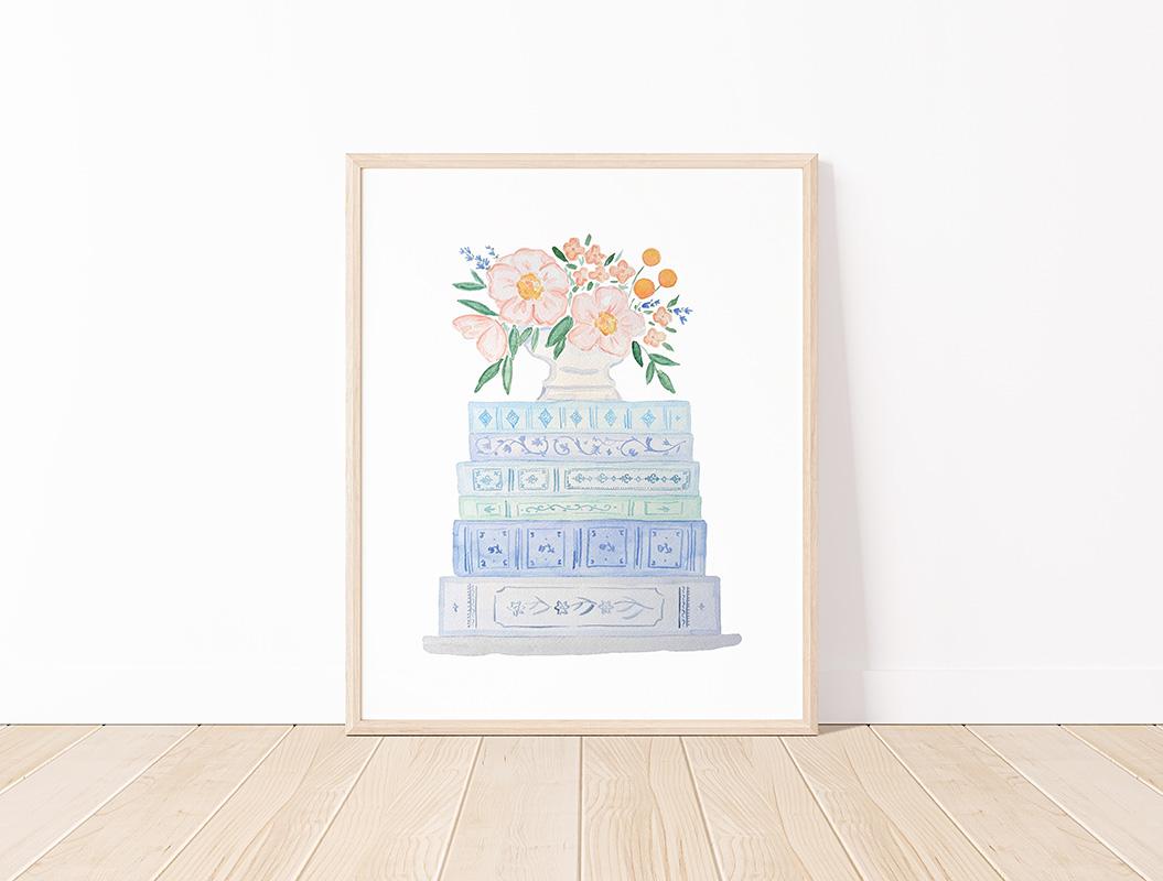 Blue And Peach Book Stack And Flowers Watercolor Art Print