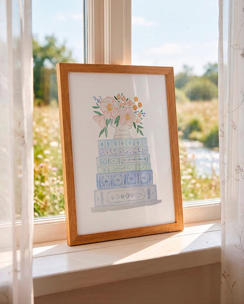 Blue And Peach Book Stack And Flowers Watercolor Art Print - Image 2