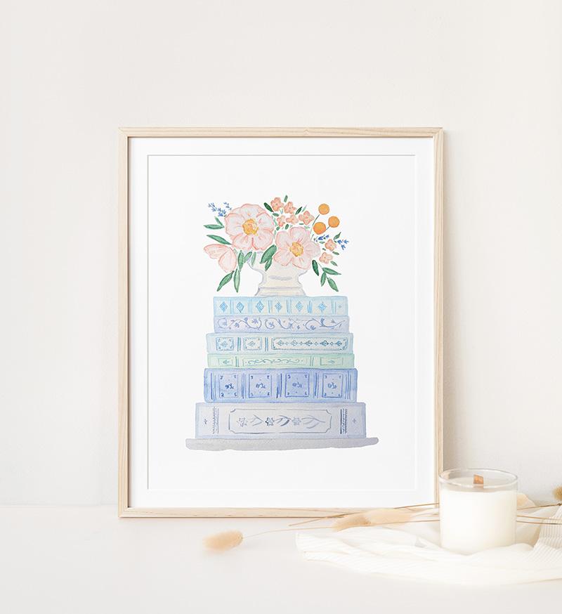 Blue And Peach Book Stack And Flowers Watercolor Art Print - Image 3