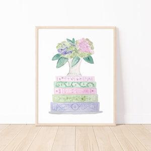 Green And Purple Book Stack And Flowers Watercolor Art Print