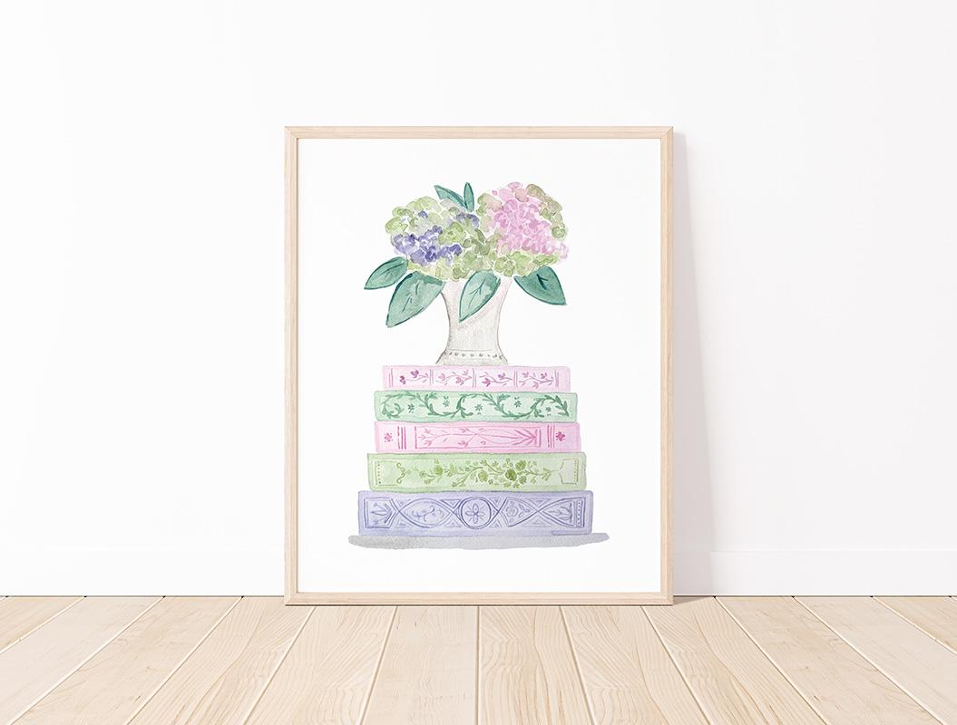 Green And Purple Book Stack And Flowers Watercolor Art Print