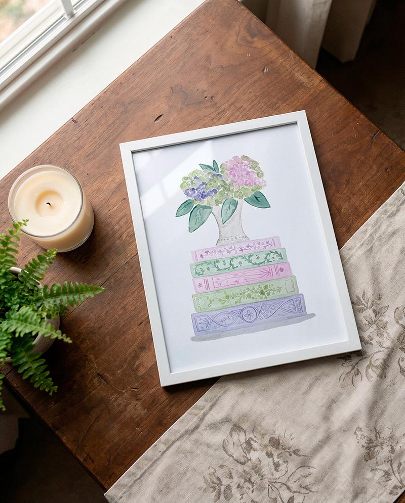 Green And Purple Book Stack And Flowers Watercolor Art Print - Image 2