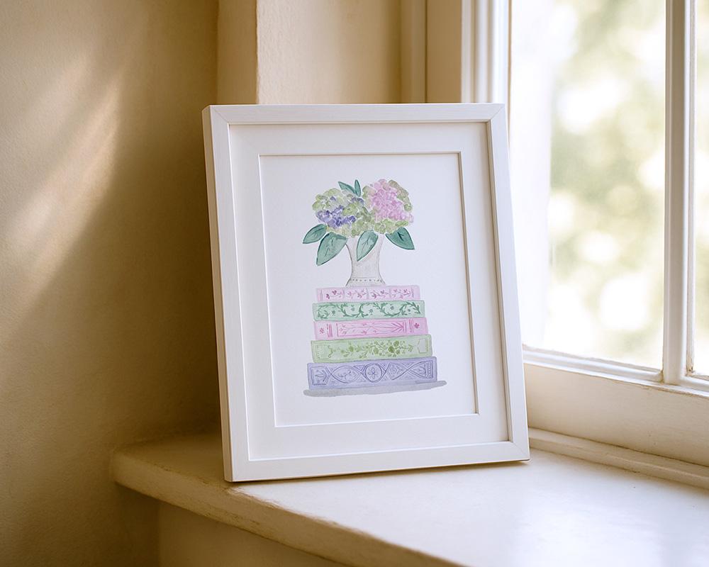 Green And Purple Book Stack And Flowers Watercolor Art Print - Image 3