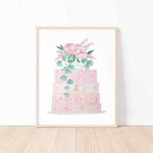 Pink Book Stack And Flowers Watercolor Art Print