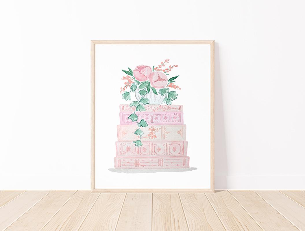 Pink Book Stack And Flowers Watercolor Art Print
