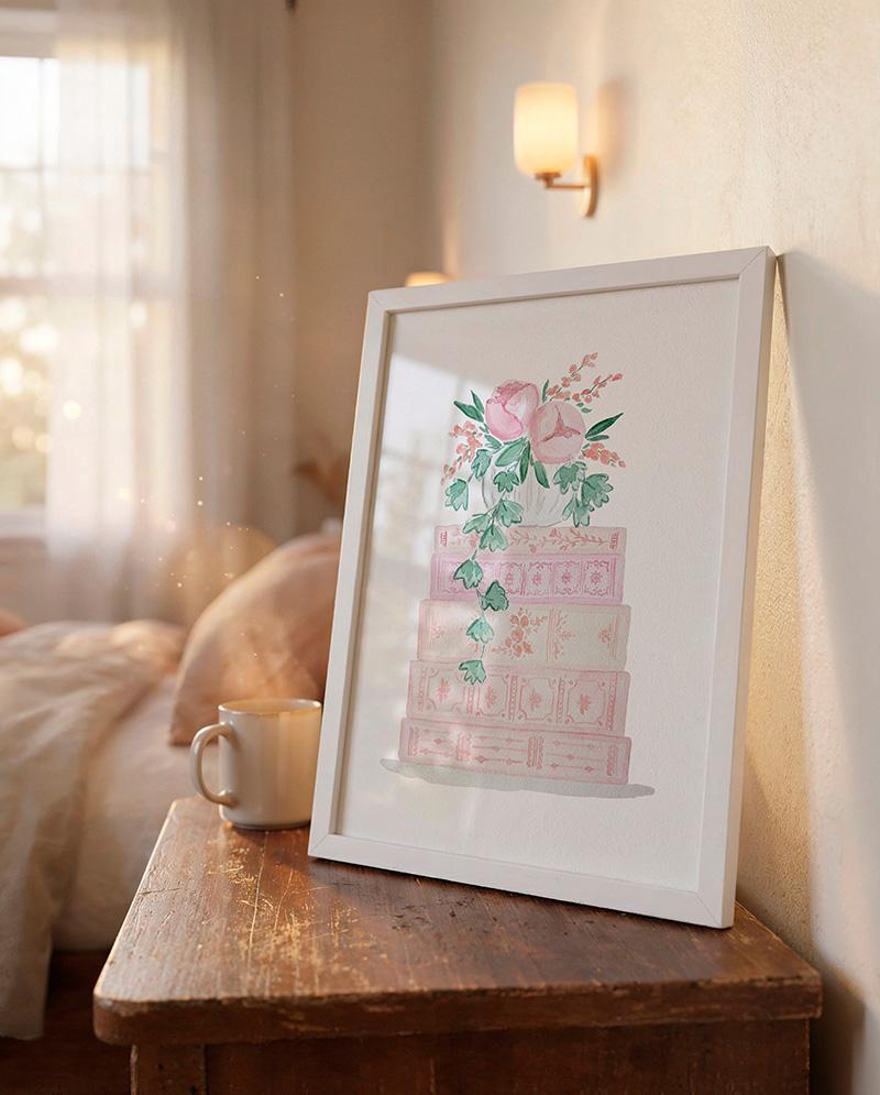 Pink Book Stack And Flowers Watercolor Art Print - Image 2
