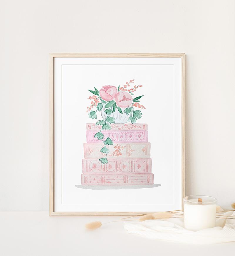 Pink Book Stack And Flowers Watercolor Art Print - Image 3