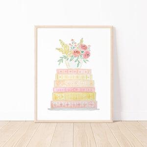 Yellow And Pink Book Stack And Flowers Watercolor Art Print