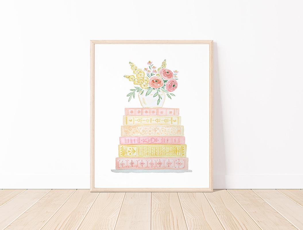 Yellow And Pink Book Stack And Flowers Watercolor Art Print