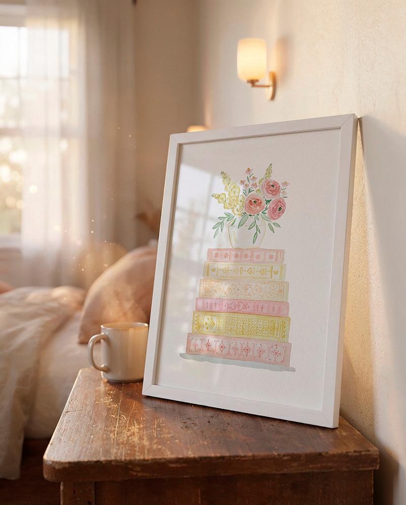 Yellow And Pink Book Stack And Flowers Watercolor Art Print - Image 2