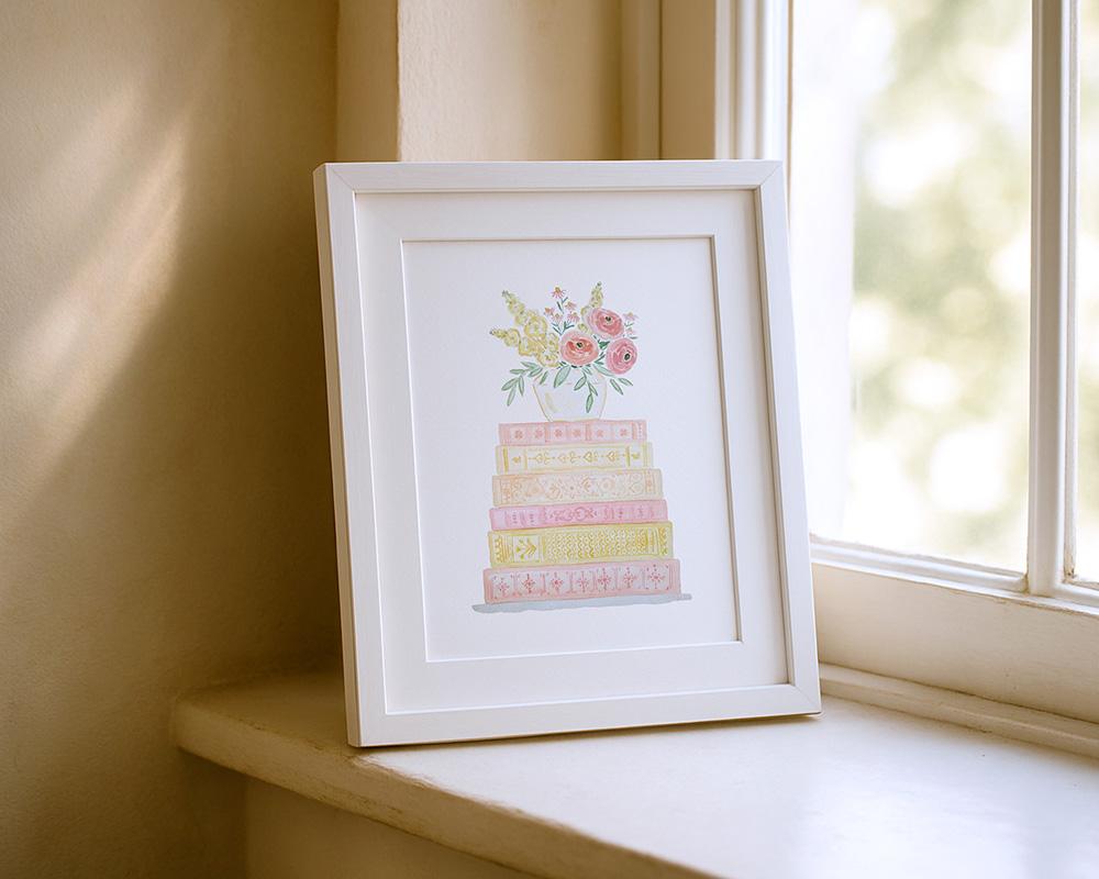 Yellow And Pink Book Stack And Flowers Watercolor Art Print - Image 3