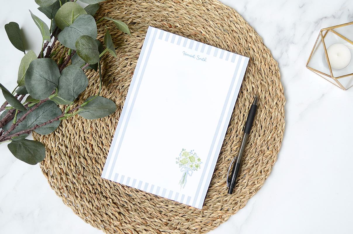 Bouquets And Stripes Personalized Notepad In Blue - Image 2