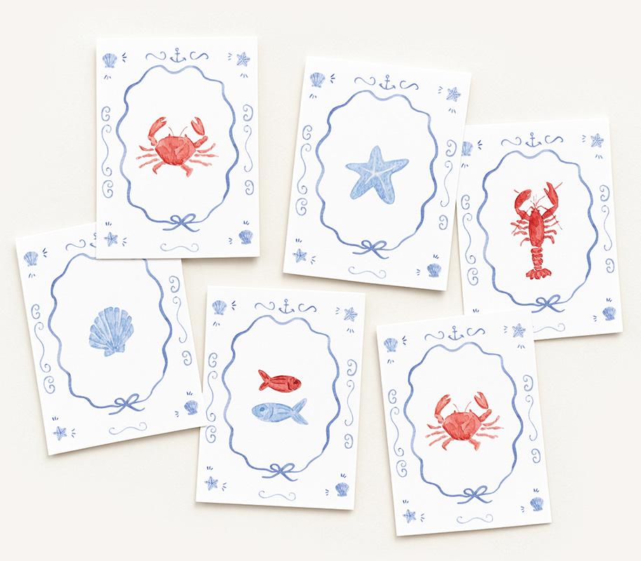 Nautical Lobsters And Crabs Watercolor Greeting Cards Variety Pack Of 10