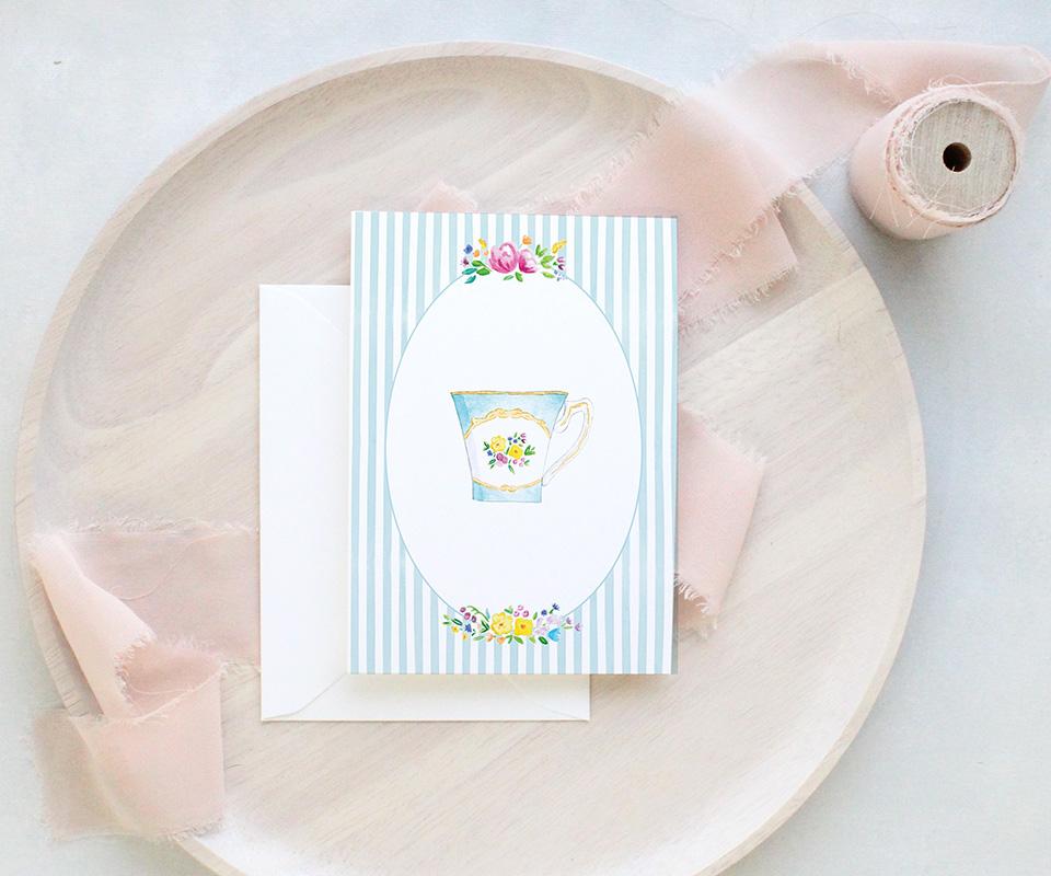 Teacups And Stripes Watercolor Greeting Cards Variety Pack Of 10 - Image 6