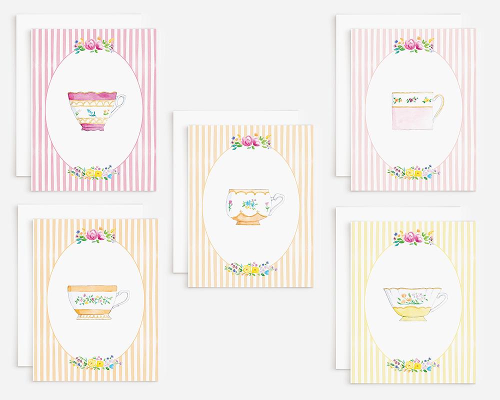 Teacups And Stripes Watercolor Greeting Cards Variety Pack Of 10 - Image 2