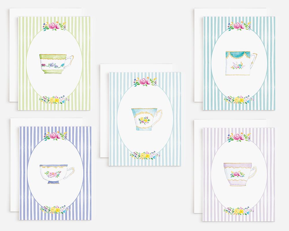 Teacups And Stripes Watercolor Greeting Cards Variety Pack Of 10 - Image 3