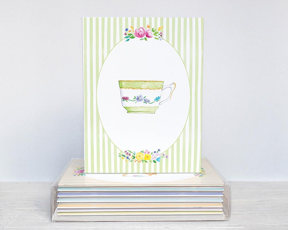 Teacups And Stripes Watercolor Greeting Cards Variety Pack Of 10 - Image 4