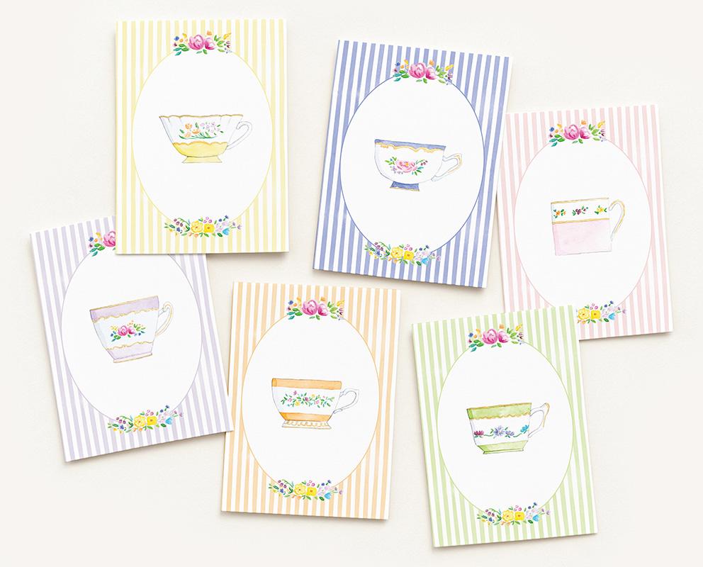 Teacups And Stripes Watercolor Greeting Cards Variety Pack Of 10