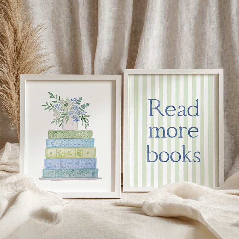 Blue And Green Book Stack And Flowers Watercolor Art Print - Image 4