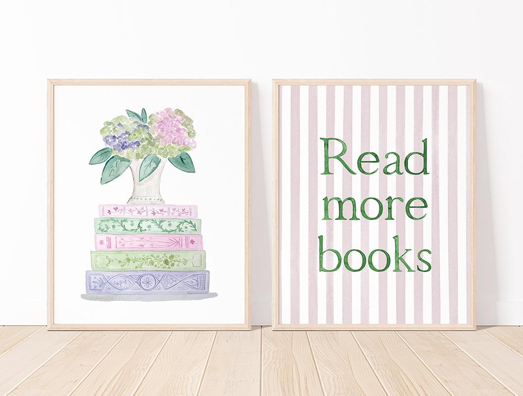 Green And Purple Book Stack And Flowers Watercolor Art Print - Image 4