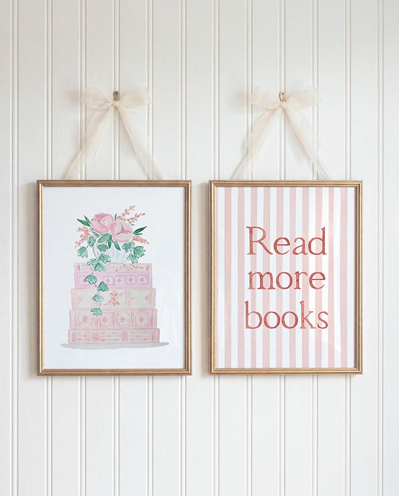 Pink Book Stack And Flowers Watercolor Art Print - Image 4