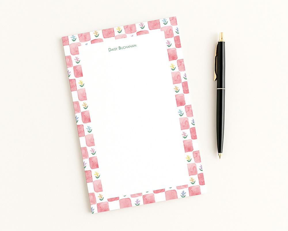 Checkerboard Border Floral Personalized Notepad